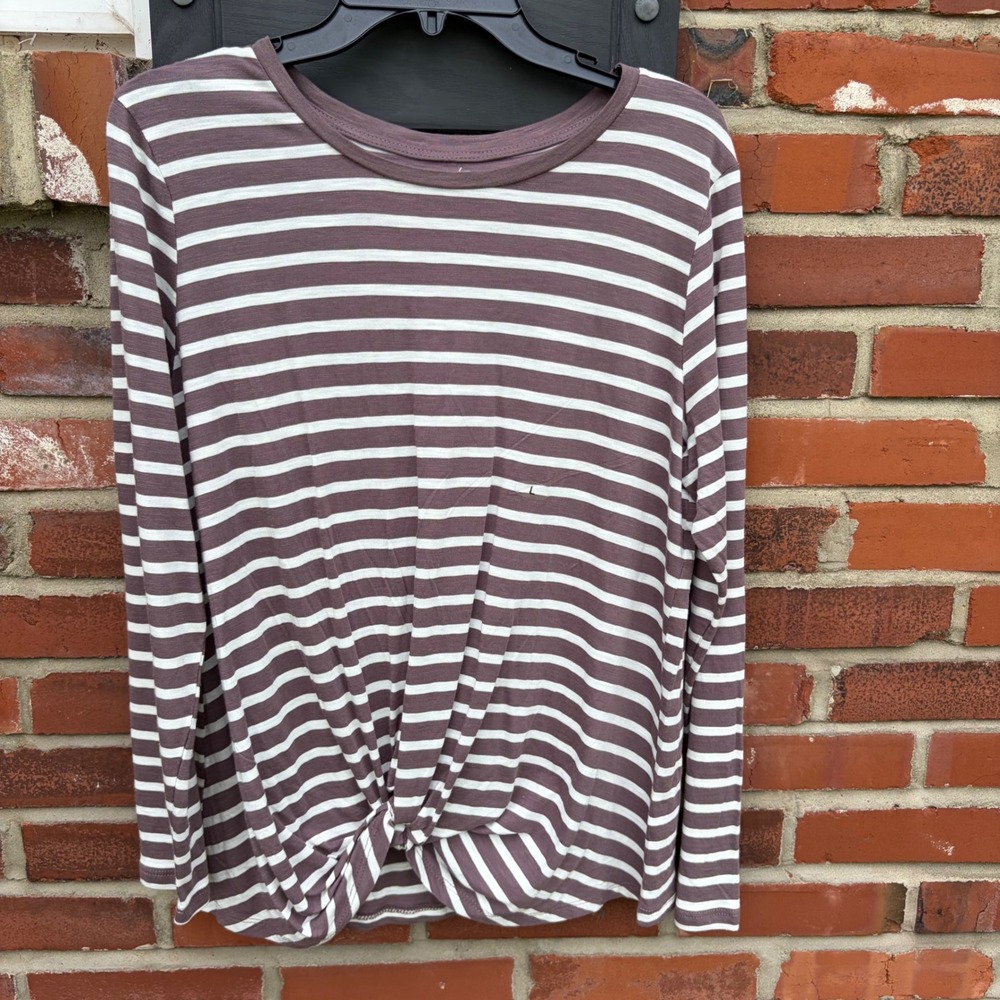 24/7 by Maurices Womens Long Sleeve Front Twist Knot Striped Top Brown & White L
